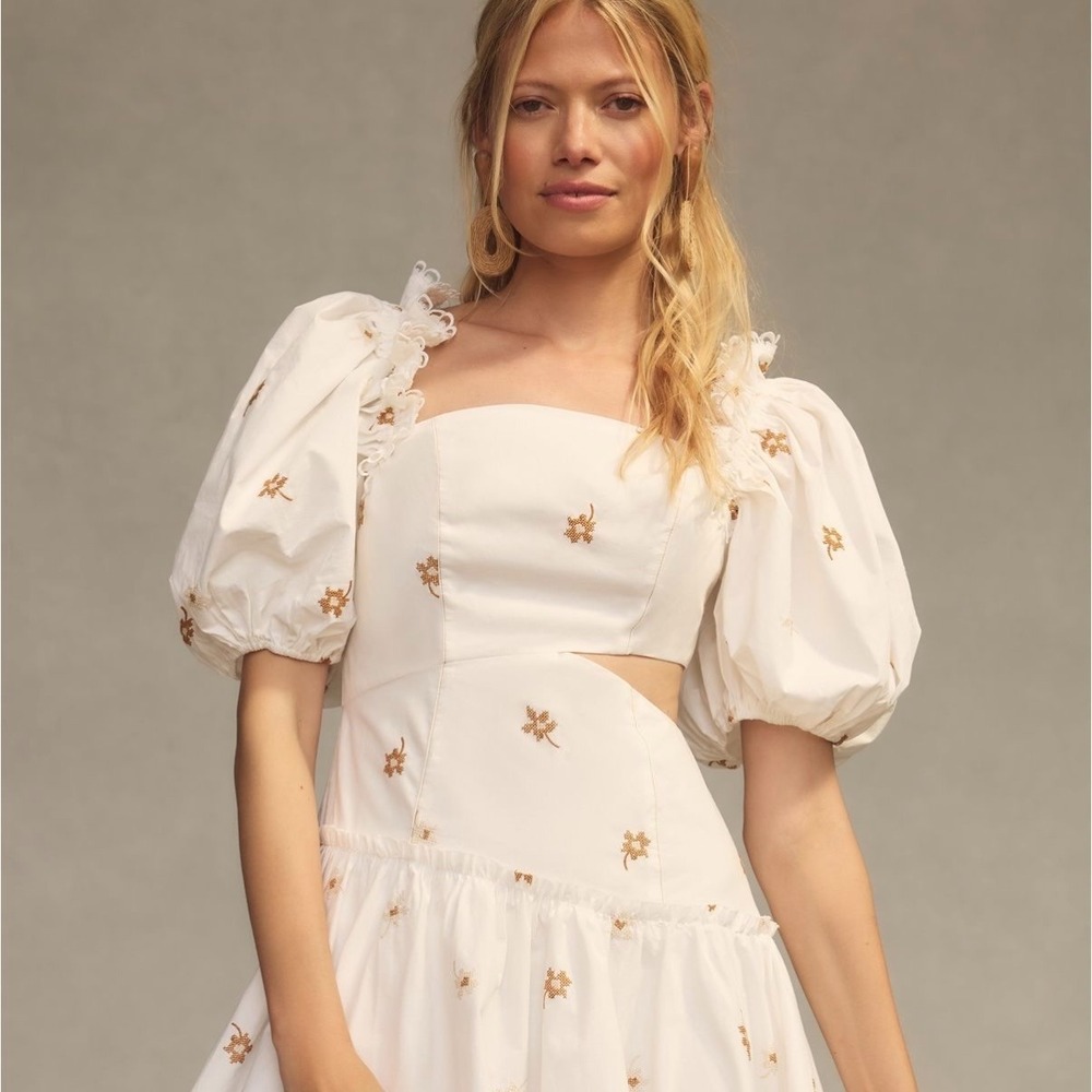 En Saison Anthropologie puff sleeve dress white embroidered cut out ruffle Sz S